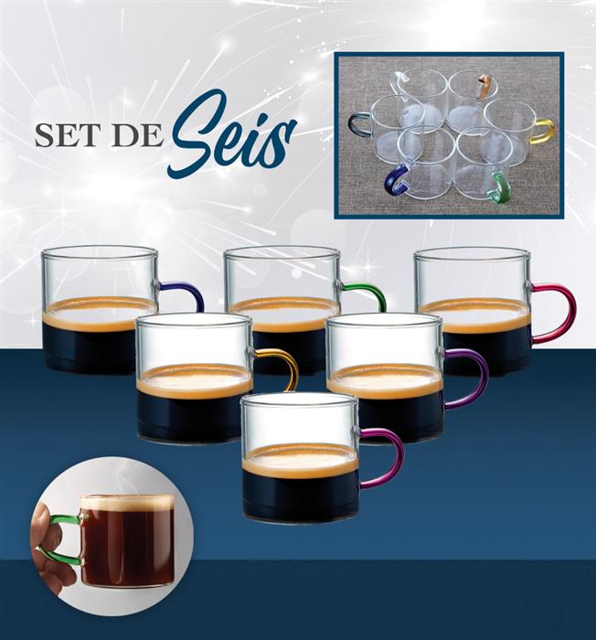 SET DE 6 MINI TAZAS DE CRISTAL CON MANGO MULTICOLO